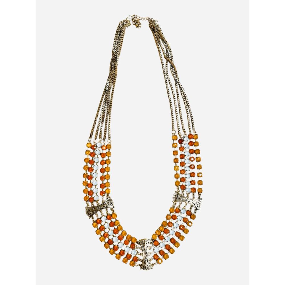 Banana Republic Statement Necklace MultiStrand Amber Orange Rhinestone Gold Tone